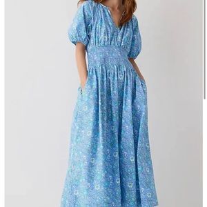 J.Crew Provence smocked-waist midi dress in marigold blooms cotton poplin.